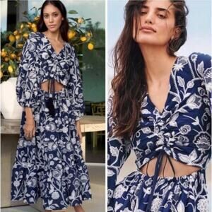Waimari Dress Small Emanuelle Floral Embroidered Cut Out Midi Navy Boho Formal